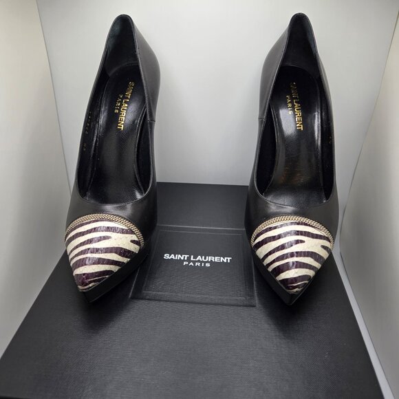 YSL Janis Pumps Pointed Cap Toes Zebra Pattern Snakeskin Calf Leather Black 40 - Picture 9 of 14